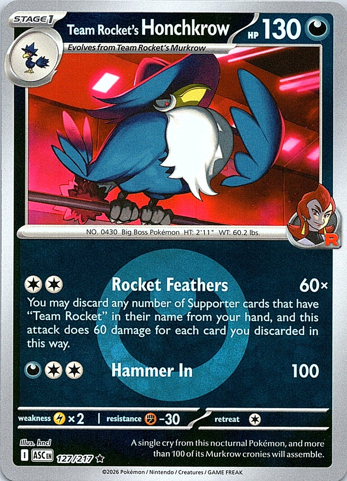 Team Rocket's Honchkrow (Energy Symbol Pattern) Reverse Holo Rare ME: Ascended Heroes 127/217 NM - exact card shown front