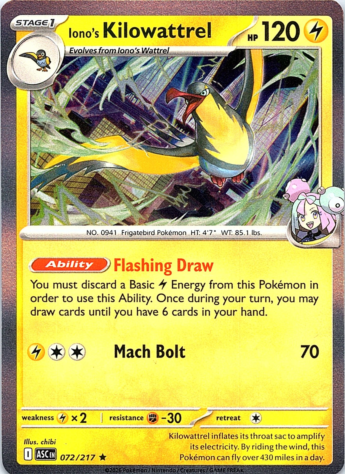Iono's Kilowattrel Holo Rare ME: Ascended Heroes 072/217 NM - exact card shown front