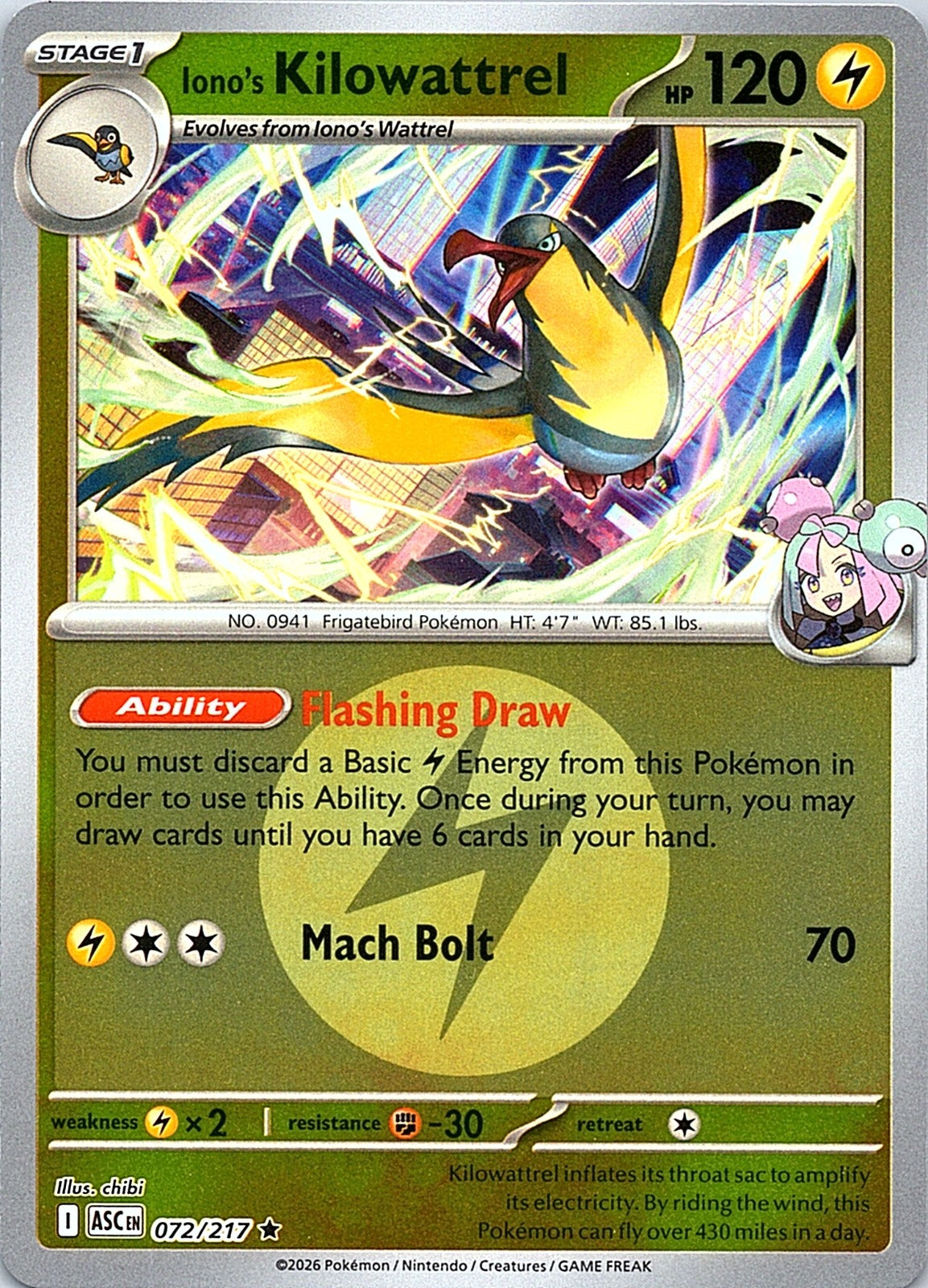 Iono's Kilowattrel (Energy Symbol Pattern) Reverse Holo Rare ME: Ascended Heroes 072/217 NM - exact card shown front